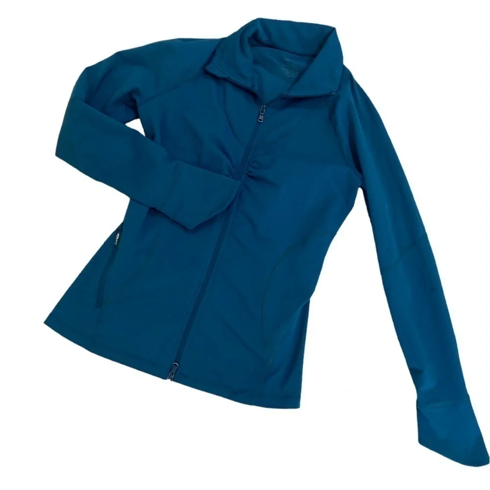 Zella zip up teal ruched athletic jacket with zip up pockets & ruffle back small